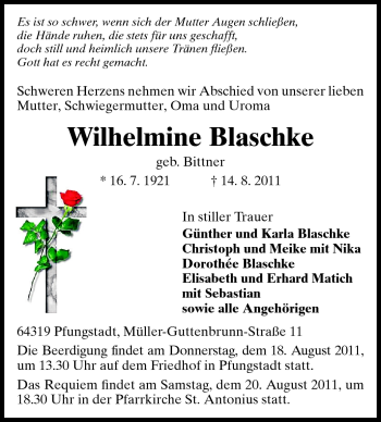 Traueranzeige von Wilhelmine Blaschke von Echo-Zeitungen (Gesamtausgabe)