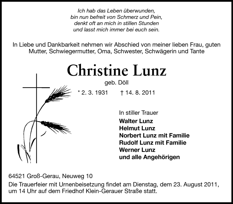  Traueranzeige für Christine Lunz vom 20.08.2011 aus Rüsselsheimer Echo, Groß-Gerauer-Echo, Ried Echo