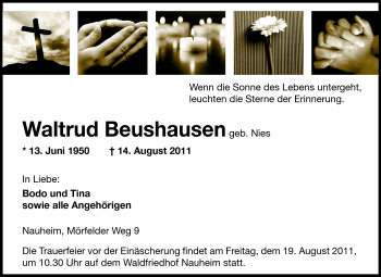 Traueranzeige von Waltrud Beushausen von Rüsselsheimer Echo, Groß-Gerauer-Echo, Ried Echo