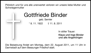 Traueranzeige von Gottfriede Binder von Echo-Zeitungen (Gesamtausgabe)