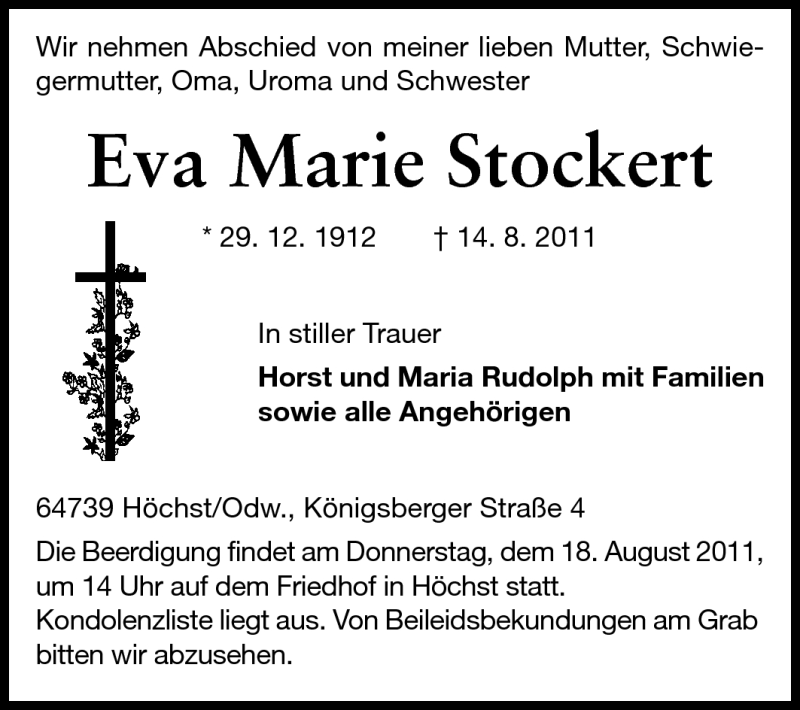  Traueranzeige für Eva Marie Stockert vom 17.08.2011 aus Odenwälder Echo