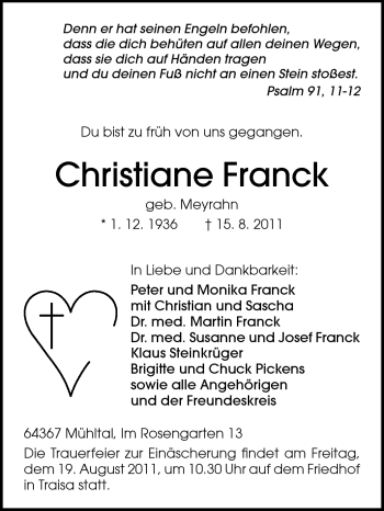 Traueranzeige von Christiane Franck von Echo-Zeitungen (Gesamtausgabe)