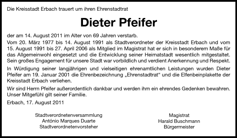  Traueranzeige für Hans-Dieter Pfeifer vom 17.08.2011 aus Odenwälder Echo