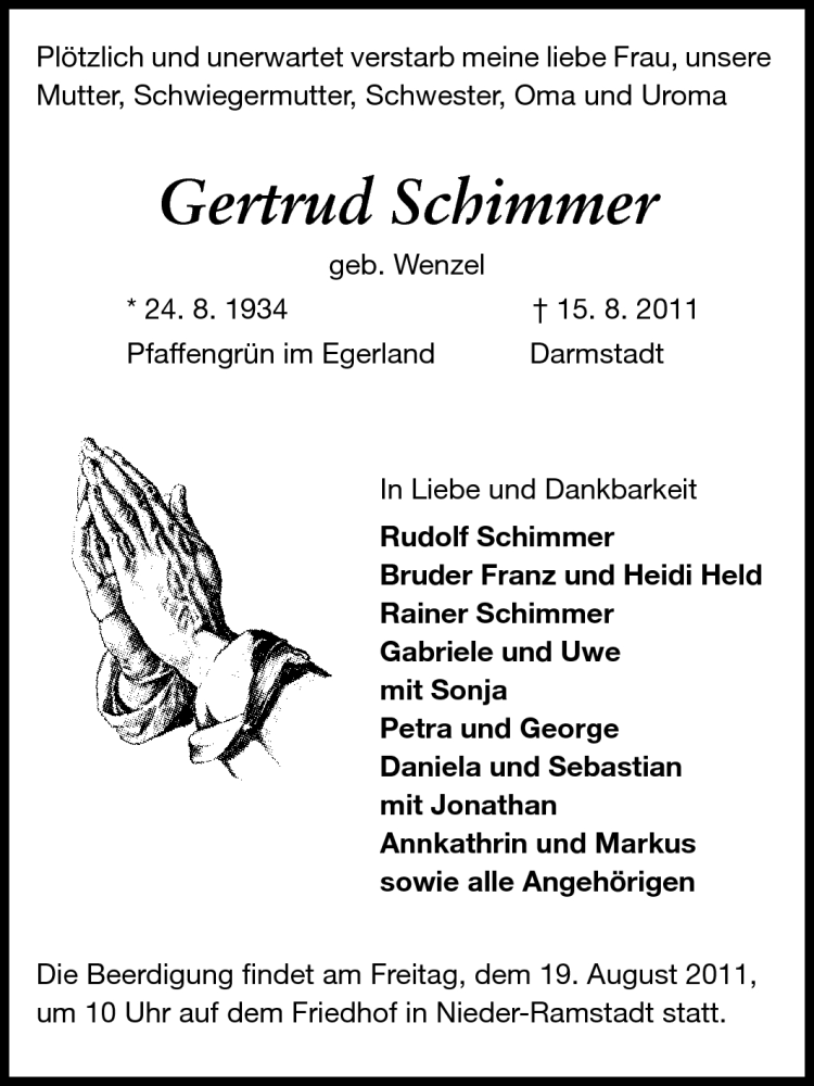  Traueranzeige für Gertrud Schimmer vom 17.08.2011 aus Echo-Zeitungen (Gesamtausgabe)