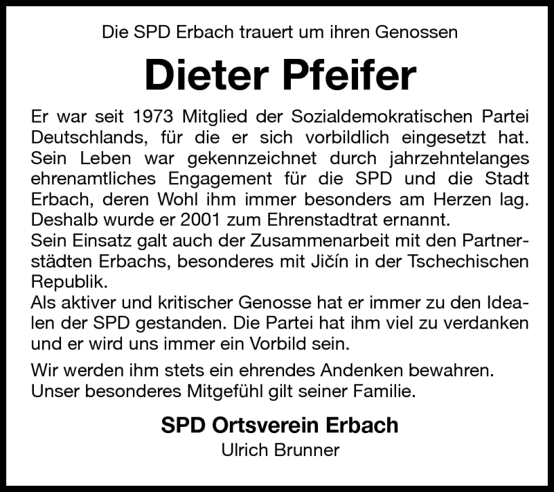  Traueranzeige für Hans-Dieter Pfeifer vom 17.08.2011 aus Odenwälder Echo