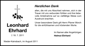 Traueranzeige von Leonhard Ehrhard von Echo-Zeitungen (Gesamtausgabe)