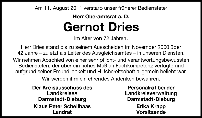  Traueranzeige für Gernot Dries vom 17.08.2011 aus Echo-Zeitungen (Gesamtausgabe)