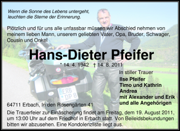 Traueranzeige von Hans-Dieter Pfeifer von Odenwälder Echo