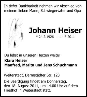 Traueranzeige von Johann Heiser von Echo-Zeitungen (Gesamtausgabe)