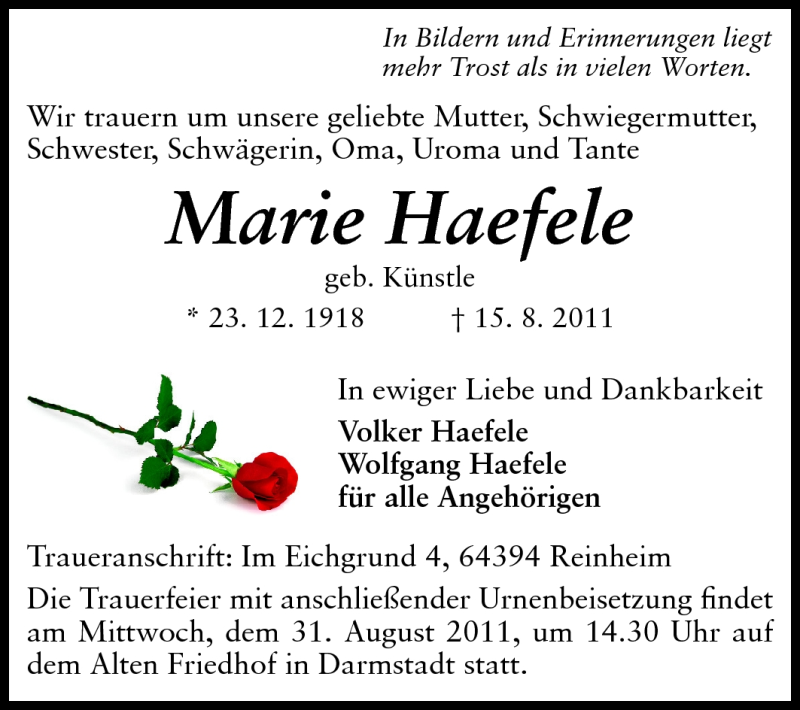  Traueranzeige für Marie Haefele vom 20.08.2011 aus Darmstädter Echo, Odenwälder Echo, Rüsselsheimer Echo, Groß-Gerauer-Echo, Ried Echo