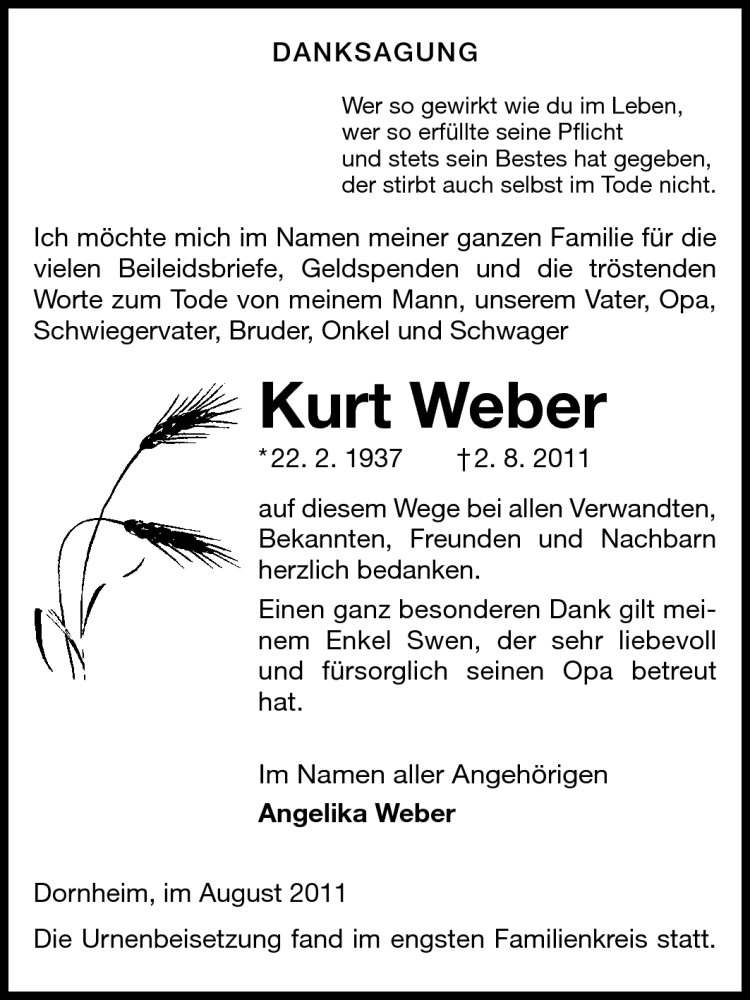  Traueranzeige für Kurt Weber vom 20.08.2011 aus Rüsselsheimer Echo, Groß-Gerauer-Echo, Ried Echo