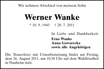 Traueranzeige von Werner Wanke von Rüsselsheimer Echo, Groß-Gerauer-Echo, Ried Echo