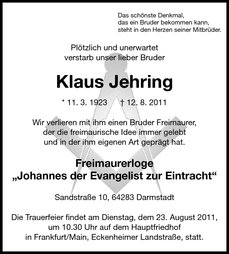  Traueranzeige für Klaus Jehring vom 19.08.2011 aus Echo-Zeitungen (Gesamtausgabe)