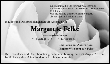 Traueranzeige von Margarete Felke von Rüsselsheimer Echo, Groß-Gerauer-Echo, Ried Echo