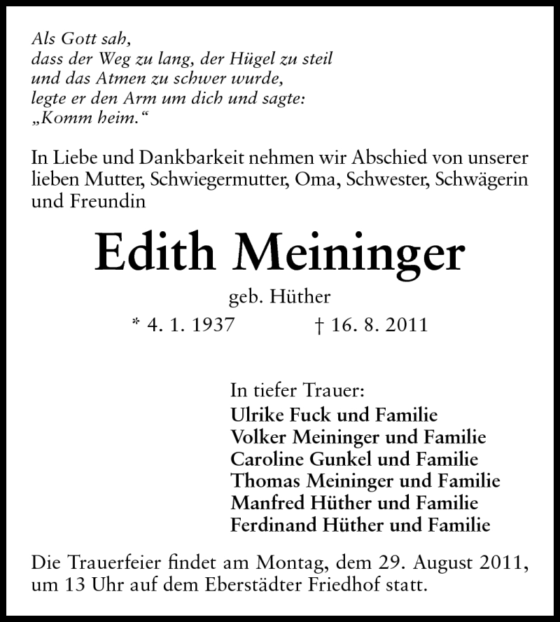  Traueranzeige für Edith Meininger vom 24.08.2011 aus Echo-Zeitungen (Gesamtausgabe)