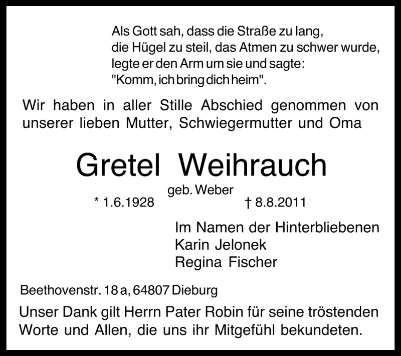  Traueranzeige für Gretel Weihrauch vom 20.08.2011 aus Echo-Zeitungen (Gesamtausgabe)