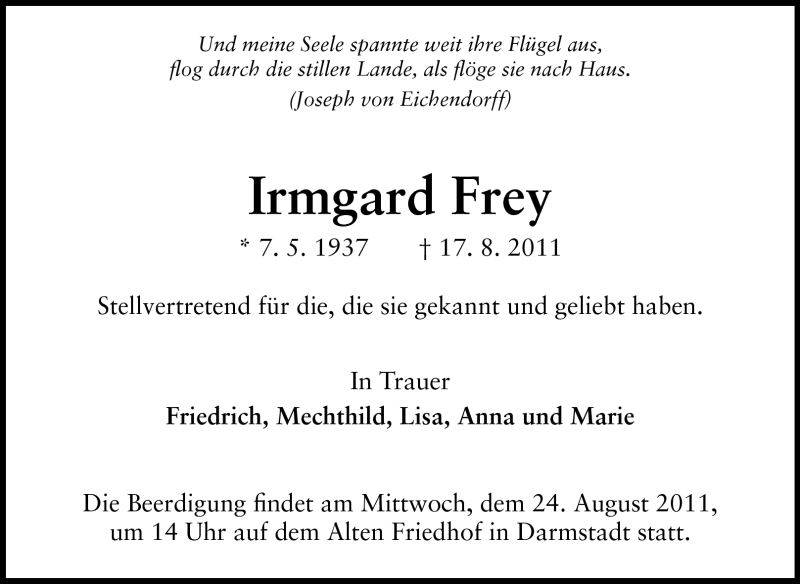  Traueranzeige für Irmgard Frey vom 20.08.2011 aus Echo-Zeitungen (Gesamtausgabe)