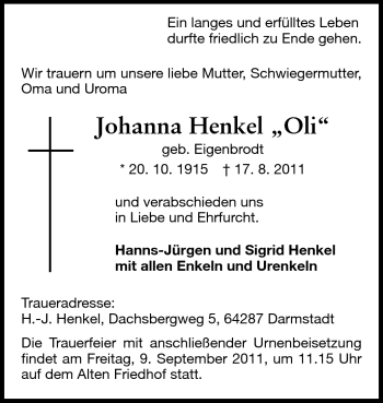 Traueranzeige von Henkel Johanna von Echo-Zeitungen (Gesamtausgabe)