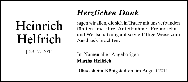  Traueranzeige für Heinrich Helfrich vom 20.08.2011 aus Rüsselsheimer Echo, Groß-Gerauer-Echo, Ried Echo