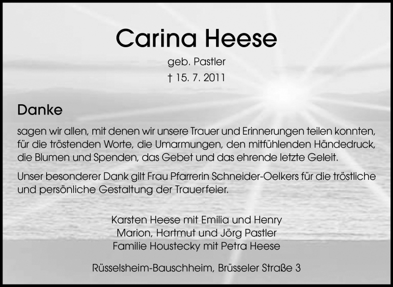  Traueranzeige für Carina Heese vom 20.08.2011 aus Rüsselsheimer Echo, Groß-Gerauer-Echo, Ried Echo