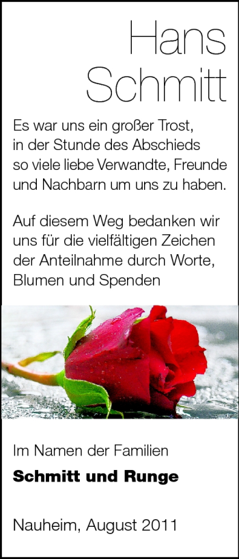 Traueranzeige von Hans Schmitt von Rüsselsheimer Echo, Groß-Gerauer-Echo, Ried Echo