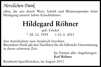 Traueranzeige von Hildegard Röhner von Darmstädter Echo, Odenwälder Echo, Rüsselsheimer Echo, Groß-Gerauer-Echo, Ried Echo