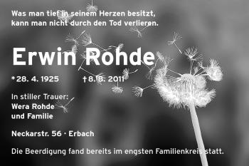 Traueranzeige von Erwin Rohde von Odenwälder Echo