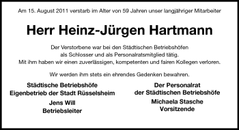Traueranzeige von Heinz-Jürgen Hartmann von Rüsselsheimer Echo, Groß-Gerauer-Echo, Ried Echo