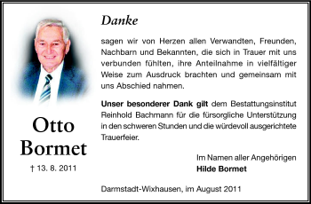 Traueranzeige von Otto Bormet von Echo-Zeitungen (Gesamtausgabe)