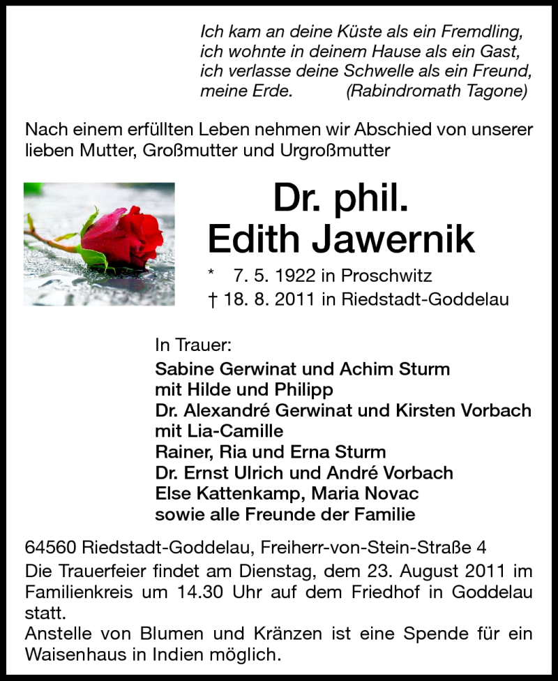  Traueranzeige für Dr. phil. Edith Jawernik vom 20.08.2011 aus Rüsselsheimer Echo, Groß-Gerauer-Echo, Ried Echo