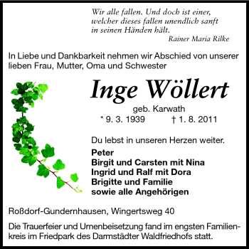 Traueranzeige von Inge Wöllert von Darmstädter Echo, Odenwälder Echo, Rüsselsheimer Echo, Groß-Gerauer-Echo, Ried Echo