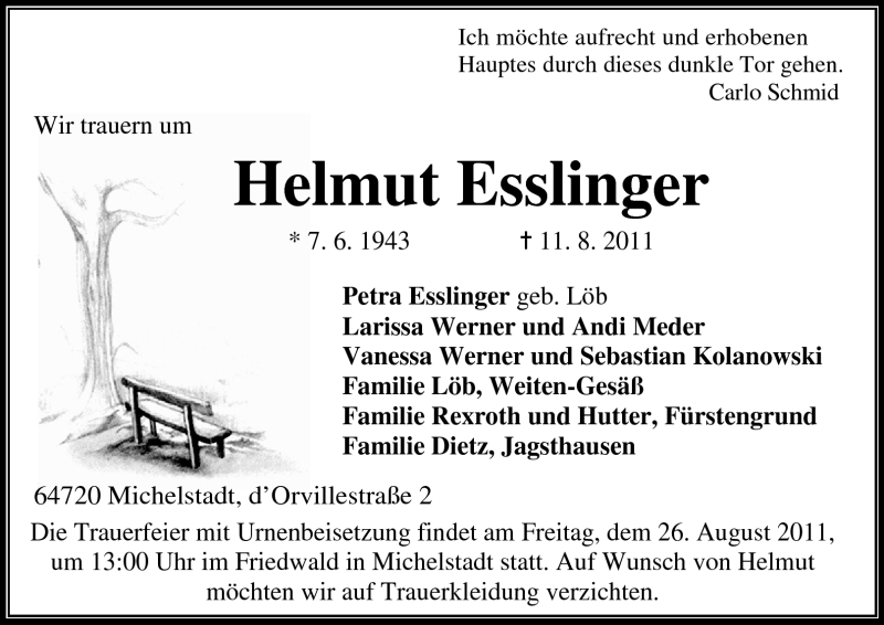  Traueranzeige für Helmut Esslinger vom 20.08.2011 aus Odenwälder Echo