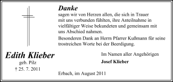 Traueranzeige von Edith Klieber von Odenwälder Echo