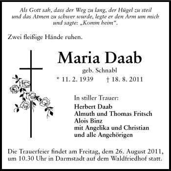 Traueranzeige von Maria Daab von Echo-Zeitungen (Gesamtausgabe)