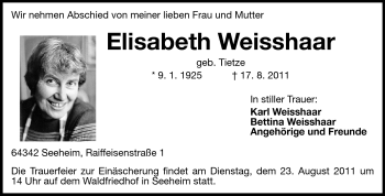 Traueranzeige von Elisabeth Weisshaar von Echo-Zeitungen (Gesamtausgabe)