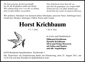 Traueranzeige von Horst Krichbaum von Darmstädter Echo, Odenwälder Echo, Rüsselsheimer Echo, Groß-Gerauer-Echo, Ried Echo