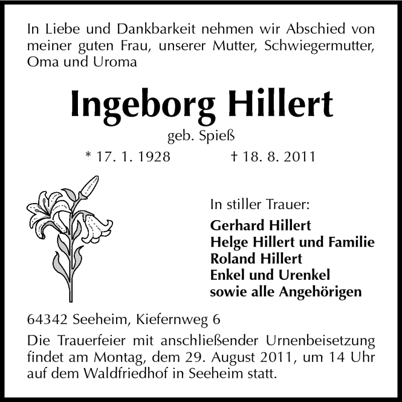  Traueranzeige für Ingeborg Hillert vom 24.08.2011 aus Echo-Zeitungen (Gesamtausgabe)