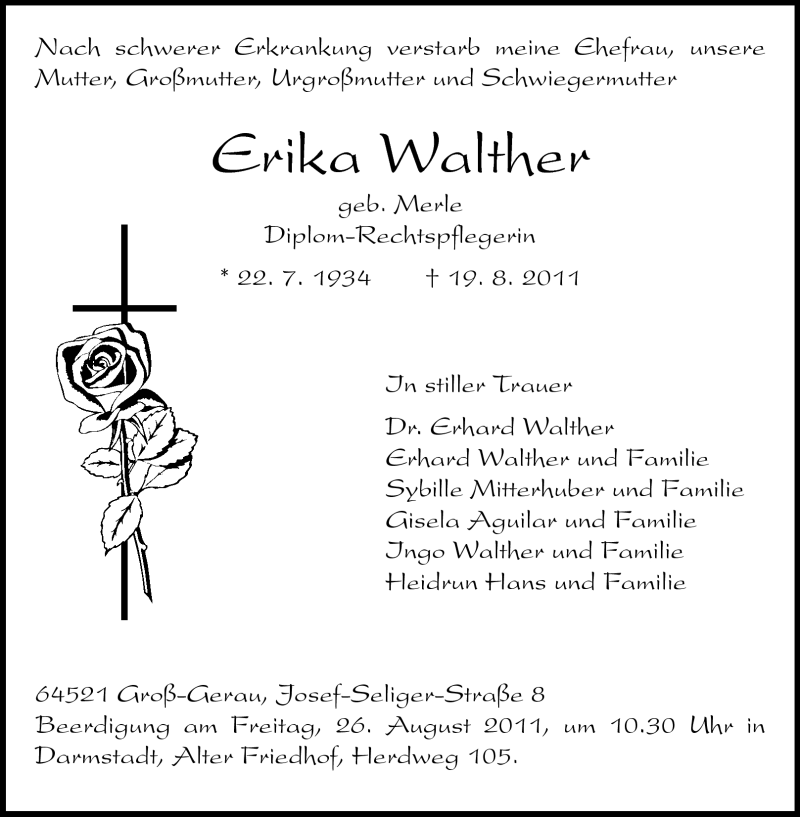  Traueranzeige für Erika Walther vom 23.08.2011 aus Rüsselsheimer Echo, Groß-Gerauer-Echo, Ried Echo