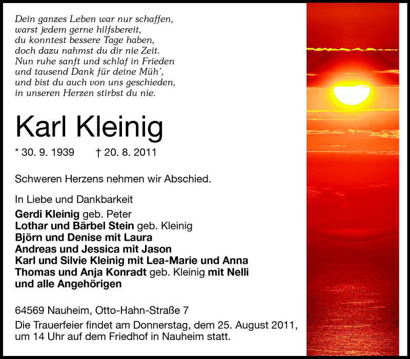  Traueranzeige für Karl Kleinig vom 23.08.2011 aus Rüsselsheimer Echo, Groß-Gerauer-Echo, Ried Echo