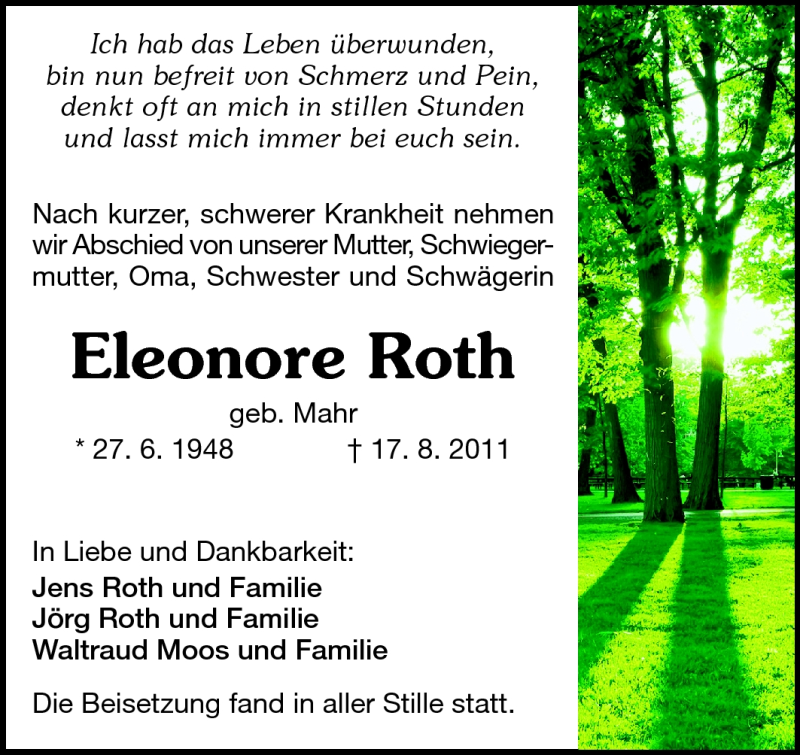  Traueranzeige für Eleonore Roth vom 27.08.2011 aus Echo-Zeitungen (Gesamtausgabe)