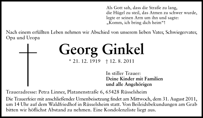  Traueranzeige für Georg Ginkel vom 27.08.2011 aus Rüsselsheimer Echo, Groß-Gerauer-Echo, Ried Echo