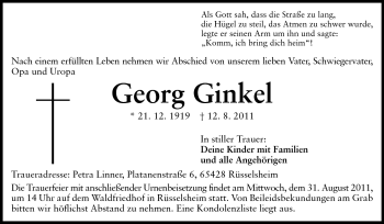 Traueranzeige von Georg Ginkel von Rüsselsheimer Echo, Groß-Gerauer-Echo, Ried Echo