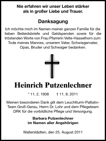 Traueranzeige von Heinrich Putzenlechner von Rüsselsheimer Echo, Groß-Gerauer-Echo, Ried Echo