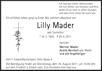 Traueranzeige von Lilly Mader von Odenwälder Echo