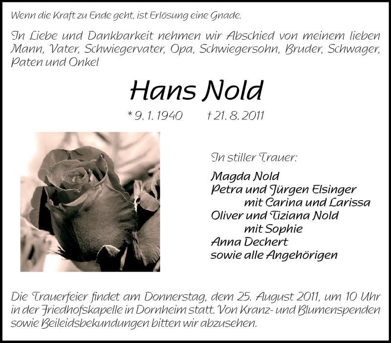  Traueranzeige für Hans Nold vom 23.08.2011 aus Rüsselsheimer Echo, Groß-Gerauer-Echo, Ried Echo