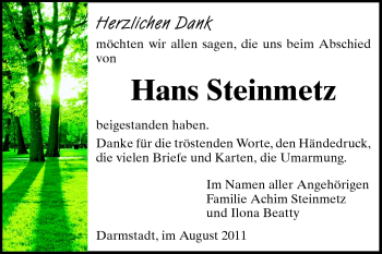 Traueranzeige von Hans Steinmetz von Darmstädter Echo, Odenwälder Echo, Rüsselsheimer Echo, Groß-Gerauer-Echo, Ried Echo