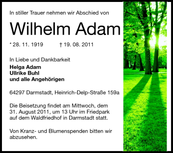 Traueranzeige von Wilhelm Adam von Echo-Zeitungen (Gesamtausgabe)