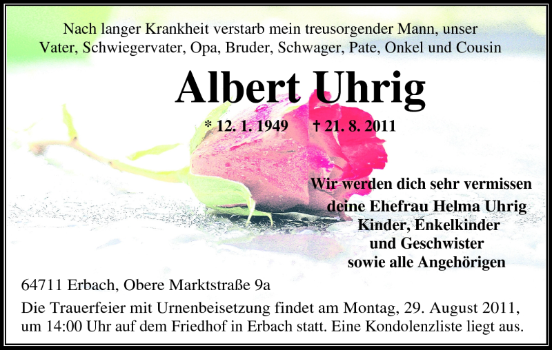  Traueranzeige für Albert Uhrig vom 24.08.2011 aus Odenwälder Echo
