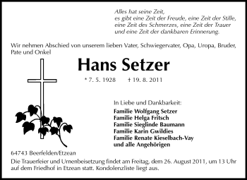 Traueranzeige von Hans Setzer von Odenwälder Echo