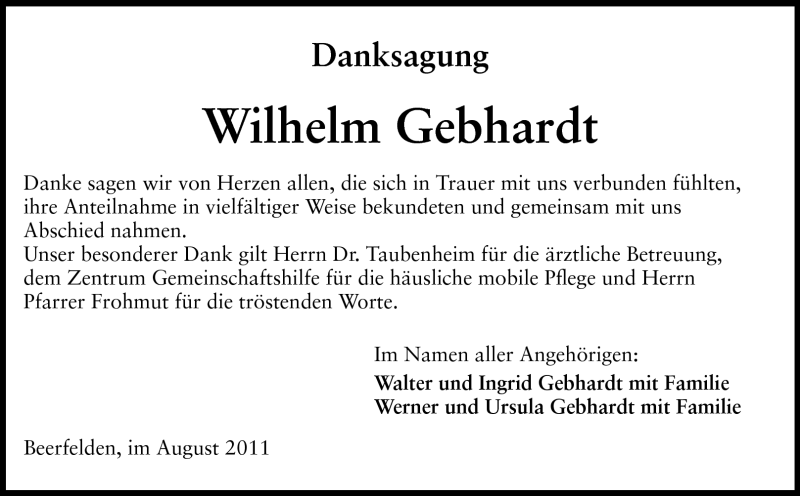  Traueranzeige für Wilhelm Gebhardt vom 24.08.2011 aus Odenwälder Echo